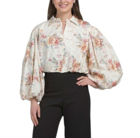 Calypso St. Barth Tops - Calypso St Barth Linen Boho Map Floral Cropped Blouse NWT Small